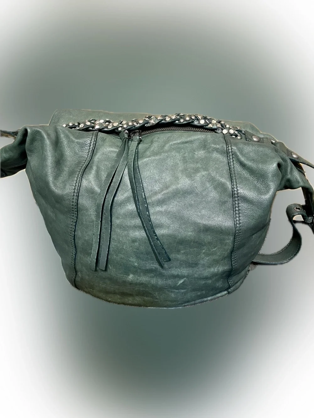 Ash Green Leather Satchel with Studded Chain Detail